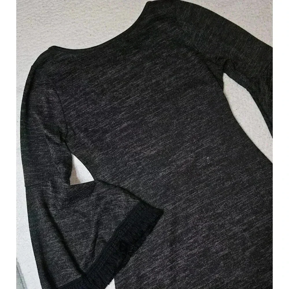 Altar'd State Size Medium Black & Gray Boho Fringe Bell Sleeve Mini Dress - Picture 11 of 12